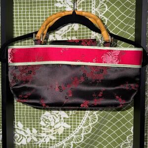 Vintage Y2K Chinese Silk Brocade Bamboo Handle Handbag - Red Cherry Blossom